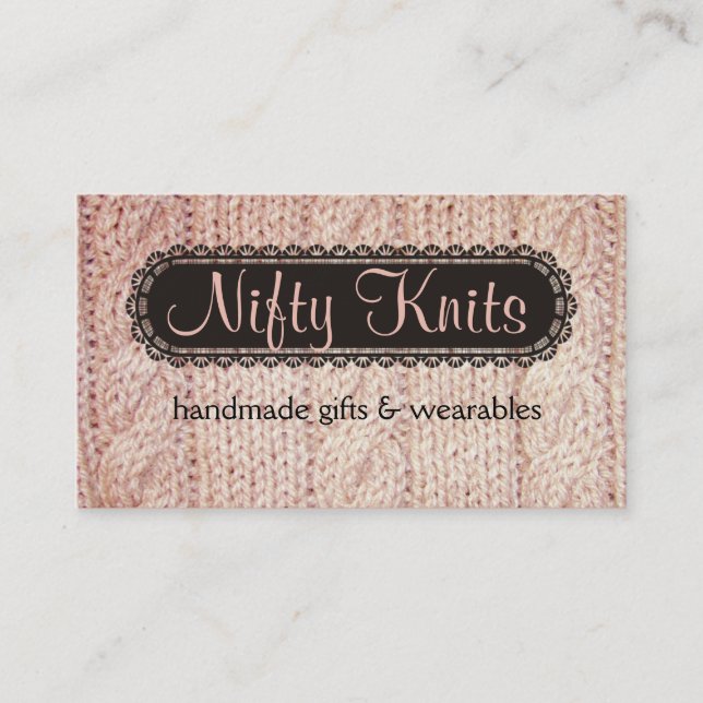 Cable knit pink yarn sweater knitting biz card (Front)