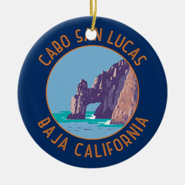 Cabo San Lucas Arch Mexico Retro Distressed Circle Ceramic Ornament (Front)