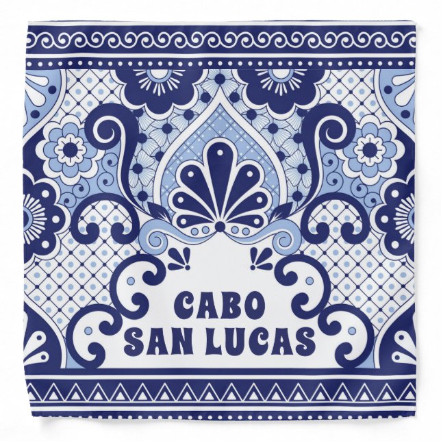 Cabo San Lucas Blue & White Mexican Talavera Tile Bandana (Front)