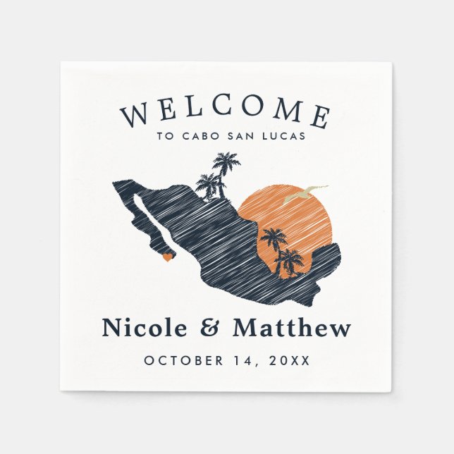Cabo San Lucas Mexico Navy Map Wedding Welcome Napkins (Front)