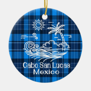Cabo San Lucas Mexico on Blue Tartan Christmas Ceramic Ornament