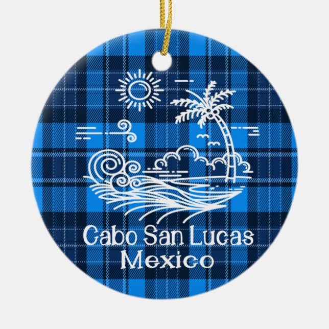 Cabo San Lucas Mexico on Blue Tartan Christmas Ceramic Ornament (Front)