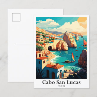 Cabo San Lucas Mexico Vintage Travel Illustration Postcard