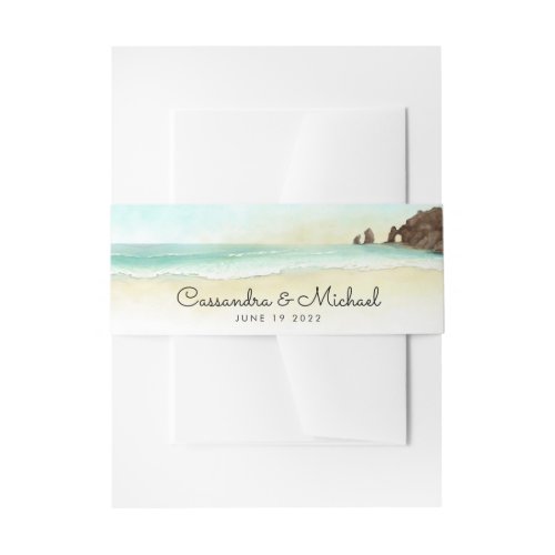 Cabo San Lucas Mexico Watercolor Monogram Wedding  Invitation Belly Band