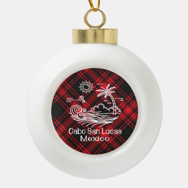 Cabo San Lucas Red Tartan Christmas Ceramic Ball Christmas Ornament (Front)