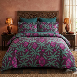 Cacao Pod and Tropical Leaf Plum Purple Luxe Duvet Cover