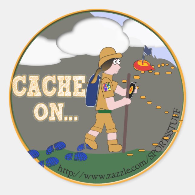 CACHE ON! GEOCACHING CHICK GIRL BRUNETTE CLASSIC ROUND STICKER (Front)