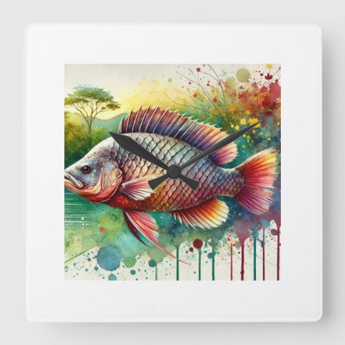 Cacique Fish 190624AREF111 _ Watercolor Square Wall Clock
