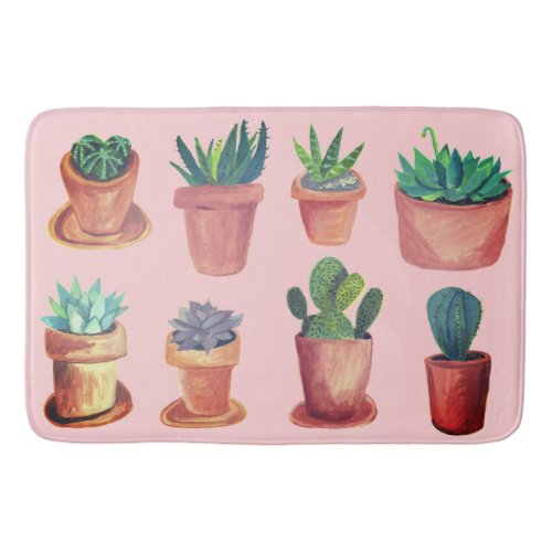 Cacti and succulents terracotta pots watercolor bath mat