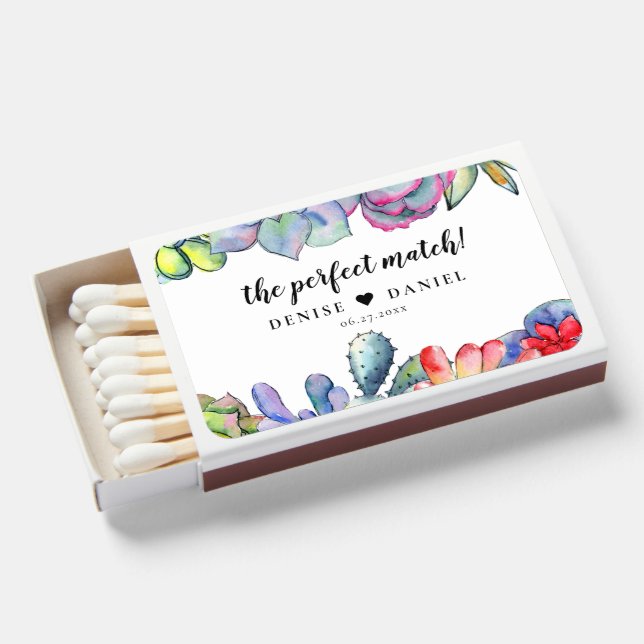 Cacti and succulents watercolor wedding favors matchboxes (Front Open)