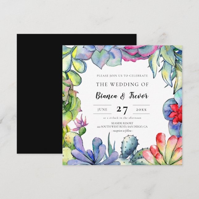 Cacti and succulents watercolor wedding invitation (Front/Back)