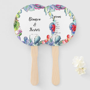 Cacti and succulents watercolor wedding program hand fan