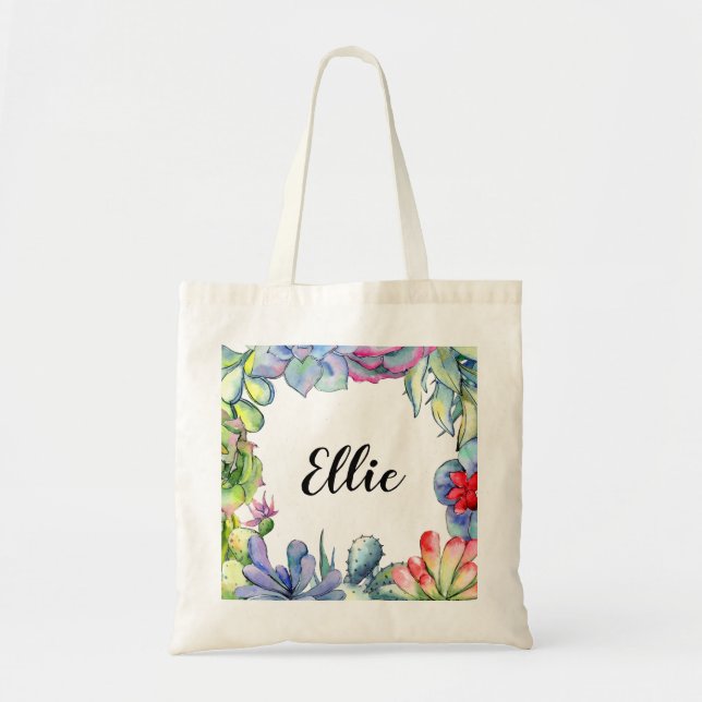 Cacti and succulents watercolor wedding tote bag (Front)
