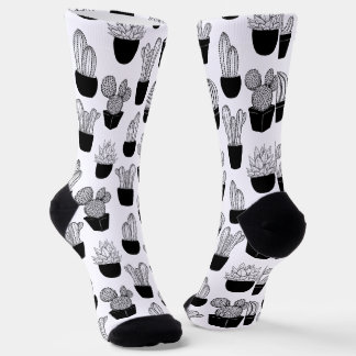 Cacti Black Line Art Large Pattern Socks
