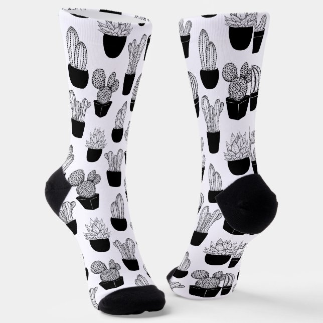 Cacti Black Line Art Large Pattern Socks (Angled)