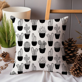 Cacti Black Line Art Large Pattern Throw Pillow