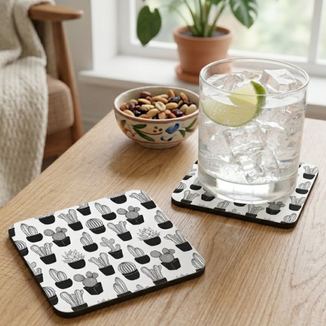 Cacti Black Line Art Pattern Beverage Coaster (Creator Uploaded)
