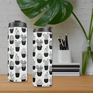 Cacti Black Line Art Pattern Thermal Tumbler