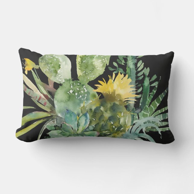 Cacti Black Outdoor Lumbar Pillow (Front)