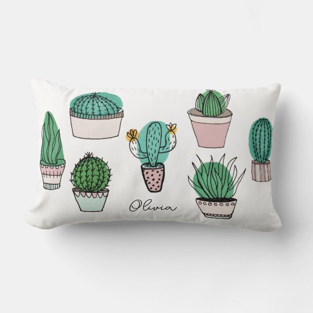 Cacti Cactus Succulents Potted Plants Lumbar Pillow (Front)