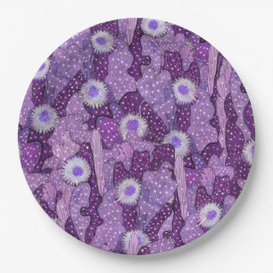 Cacti Camouflage, Floral Pattern Purple Violet Paper Plates