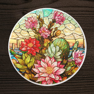 Cacti Desert Pink Flowers Faux Stained Glass Ceramic Knob