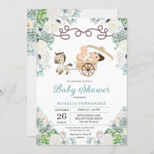 Cacti Floral Mexican Baby Boy Charro Baby Shower Invitation