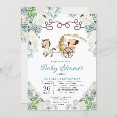 Cacti Floral Mexican Baby Girl Charra Baby Shower Invitation