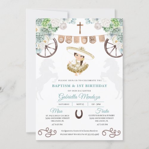 Cacti Floral Mexican Baby Girl Charra Baptism Invitation