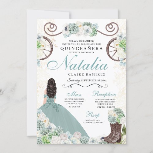 Cacti Floral Mint Green Western Charra Quinceanera Invitation