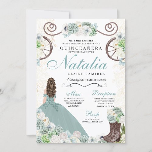 Cacti Floral Mint Green Western Charra Quinceanera Invitation