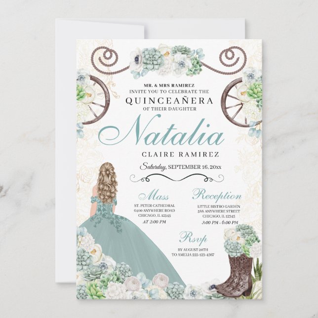 Cacti Floral Mint Green Western Charra Quinceanera Invitation (Front)