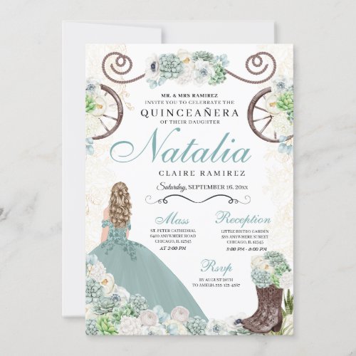 Cacti Floral Mint Green Western Charra Quinceanera Invitation