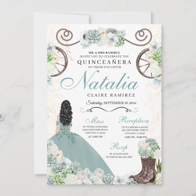 Cacti Floral Mint Green Western Charra Quinceanera Invitation (Front)
