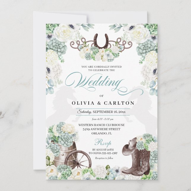 Cacti Floral Mint Green Western Cowboy Wedding Invitation (Front)