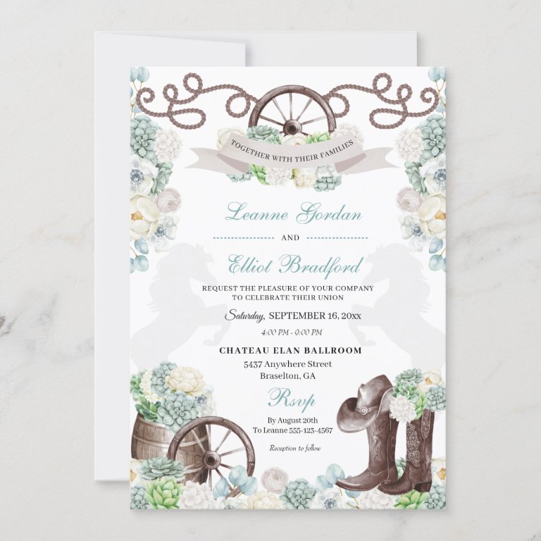 Cacti Floral Mint Green Western Cowboy Wedding Invitation