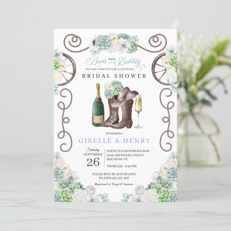 Cacti Floral Western Boots &amp; Bubbly Bridal Shower Invitation