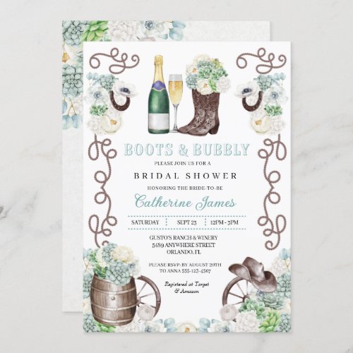 Cacti Floral Western Boots  Bubbly Bridal Shower Invitation
