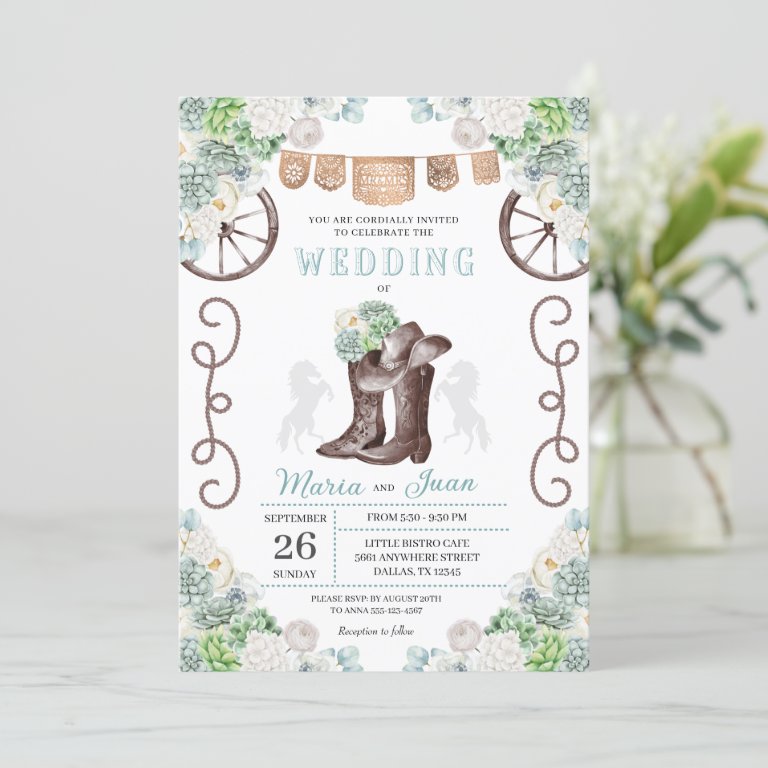 Cacti Floral Western Cowboy Boots Wedding Invitation