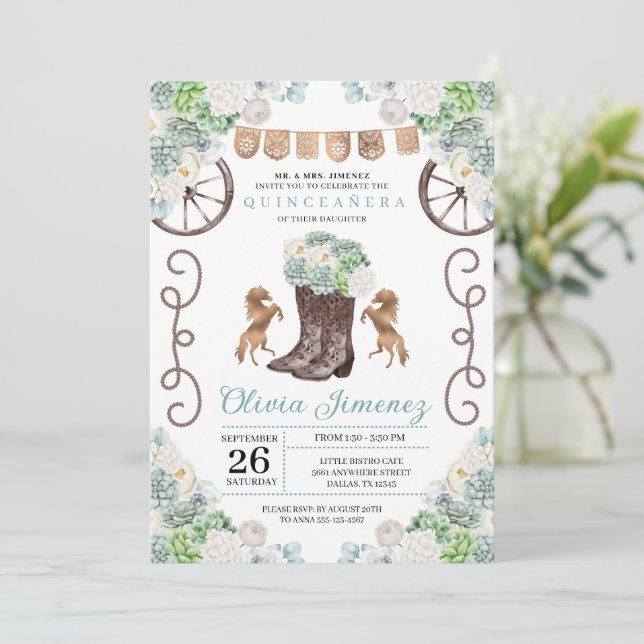 Cacti Floral Western Cowgirl Boots Quinceanera Invitation (Standing Front)