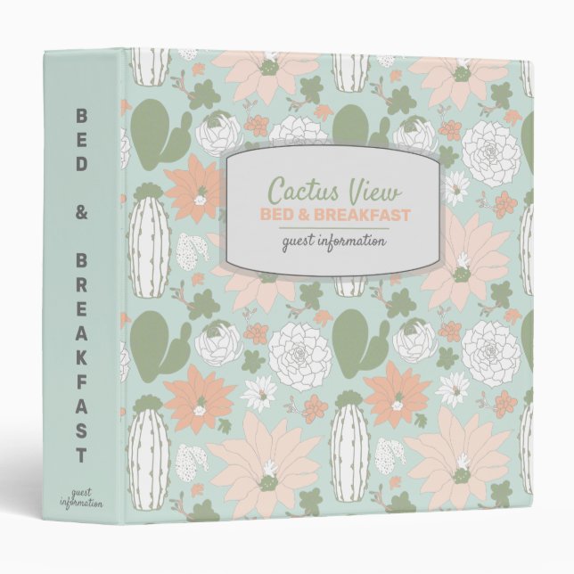 Cacti Green Peach Bed Breakfast Guest Information 3 Ring Binder (Front/Spine)