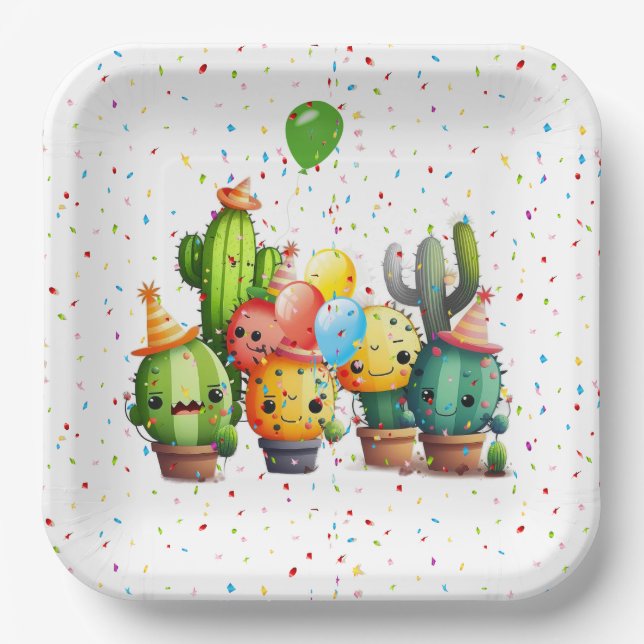 Cacti Group with Party Confetti Paper Plates (Front)