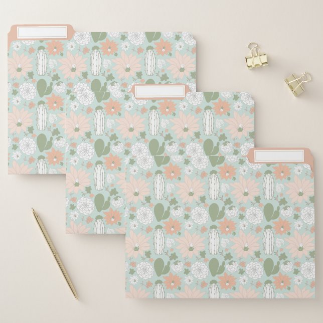 Cacti Peach Green White Floral Print File Folder (Set)