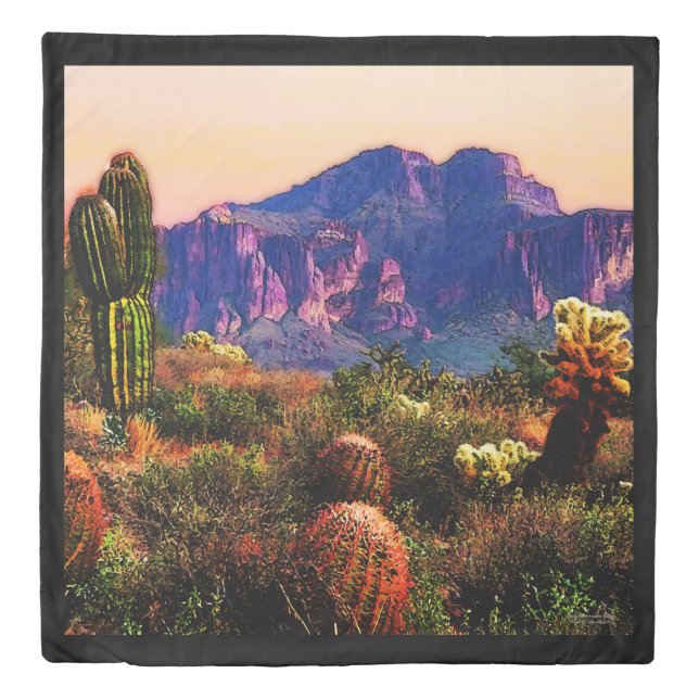 Cacti Purple Mountain At Dusk Sonoran Desert Queen Duvet Cover (Front)