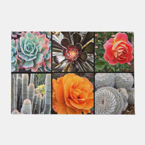 Cacti rose flowers photo collage colorful modern doormat