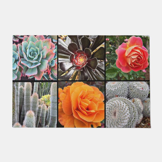 Cacti rose flowers photo collage colorful modern doormat (Front)