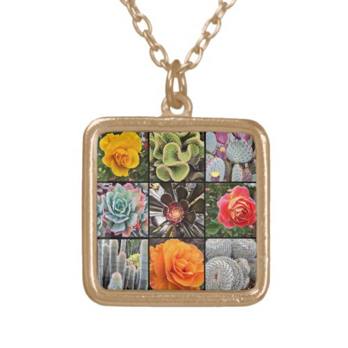 Cacti Rose Flowers Photography Collage Modern Bold Gold Plated Necklace