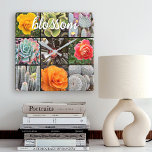 Cacti Roses Photo Collage Blossom Quote Script Square Wall Clock<br><div class="desc">Brilliantly red, yellow, and orange-hued roses and lush green, aqua, and black cacti shout warm, summer days. Enjoy the blossoms and the peaceful atmosphere of a vibrant garden whenever you check the time on this stunning, graphic photography wall clock. Makes a great housewarming gift! You can easily personalize this wall...</div>