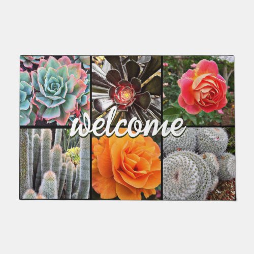 Cacti Roses Photo Collage Welcome Script Modern Doormat