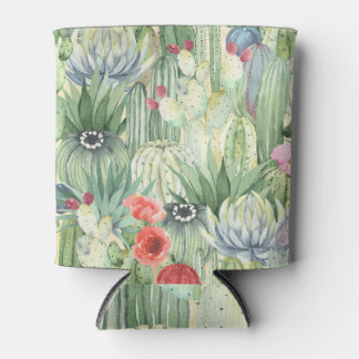Cacti, succulents: floral watercolor print. can cooler